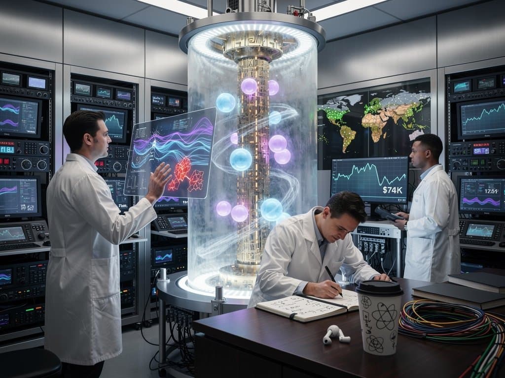 Abstract quantum chip qubits entangle amid fracturing crypto keys and BTC charts in high-tech lab setting