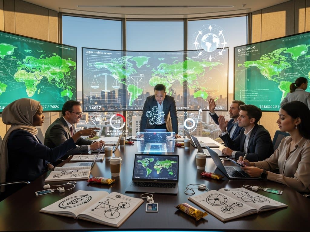 Conference room with global AI data maps, blockchain visuals, and ethical icons in California office