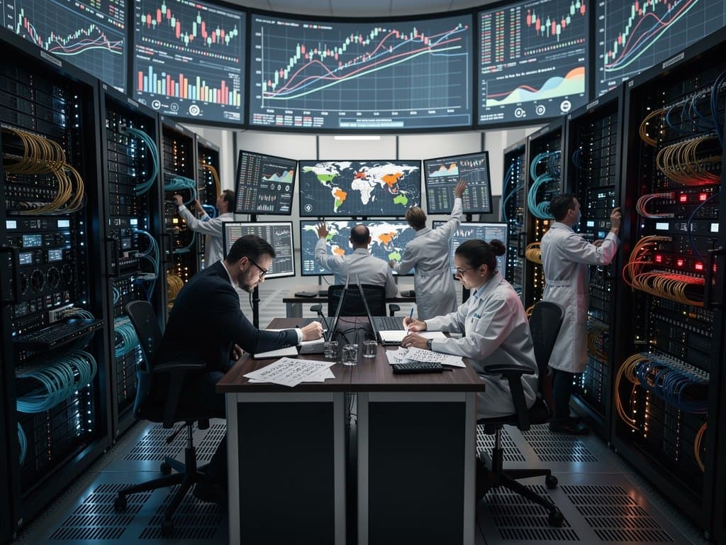 Cybersecurity team monitors AI-driven threat maps in a secure data center amid server racks and global cyber alerts from Mexico