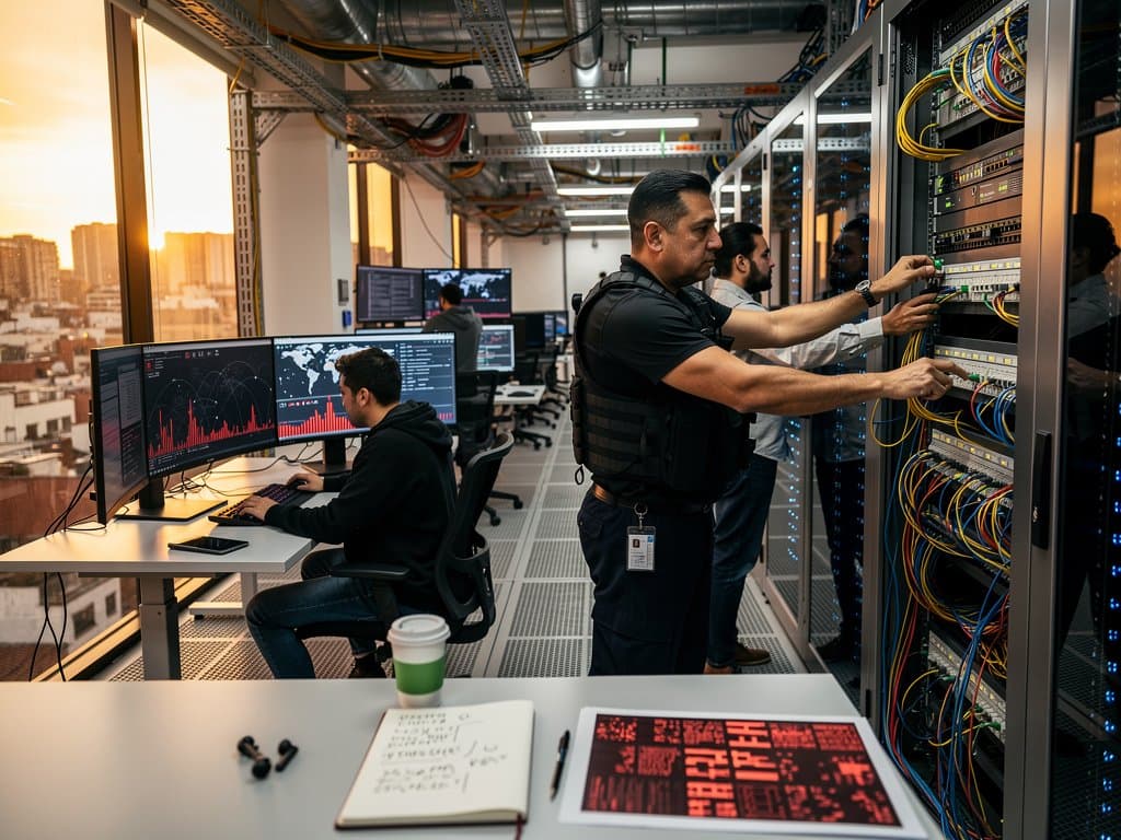 Cybersecurity engineers monitor threats on multi-screen consoles amid server racks in a modern Tier IV data center