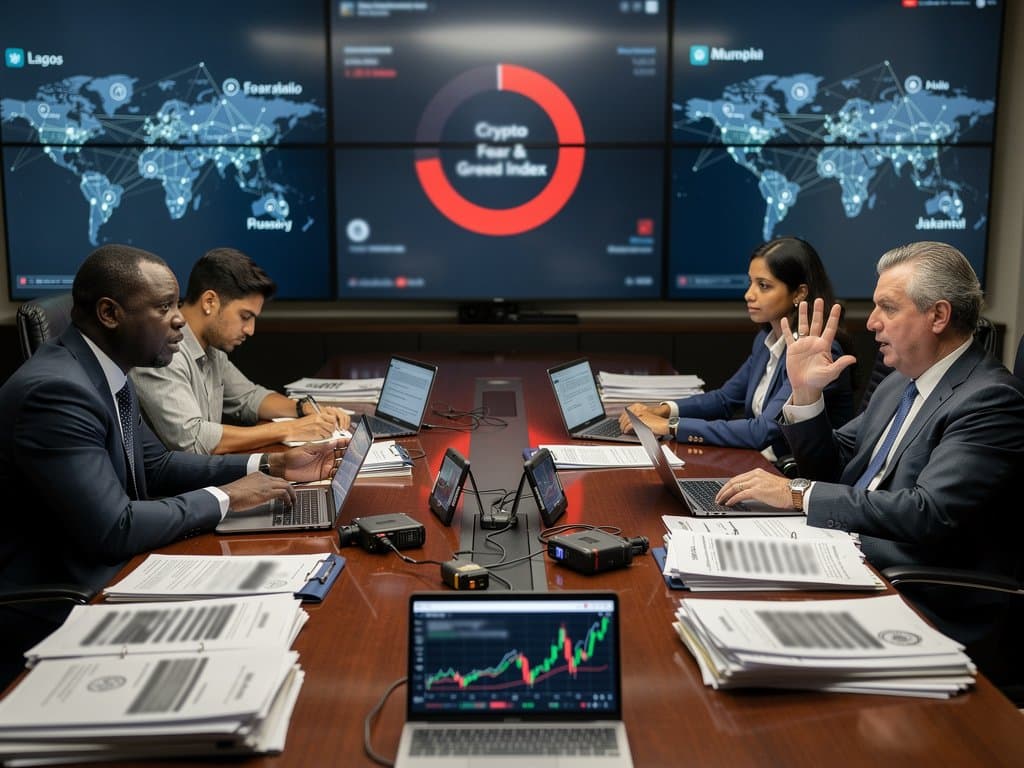 Law firm boardroom with AI chat evidence logs, court documents, crypto charts on BTC $74K, and market screens amid legal files