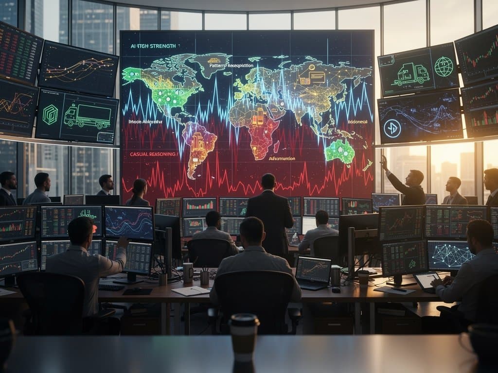 Jagged graph of AI progress with global map and crypto charts in neon high-tech style