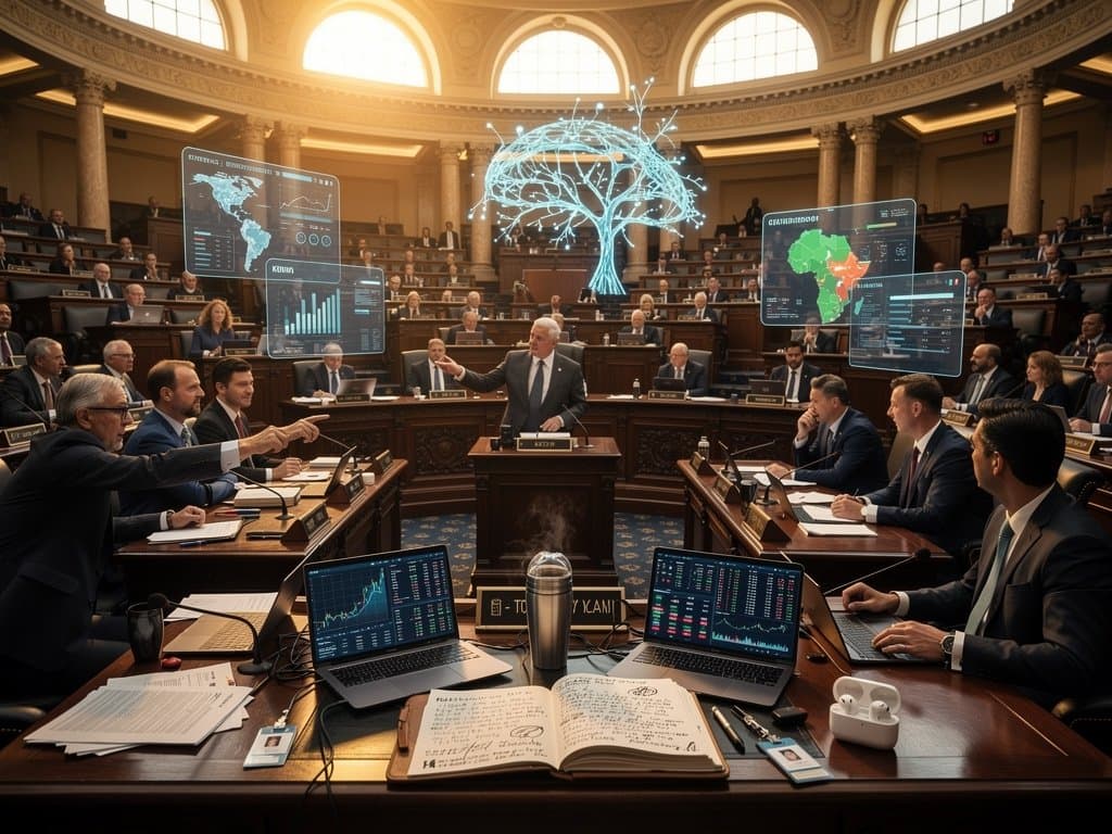 Illinois Capitol debate on AI regulation with holographic tech visuals, global maps, and crypto charts showing Fear & Greed at 23