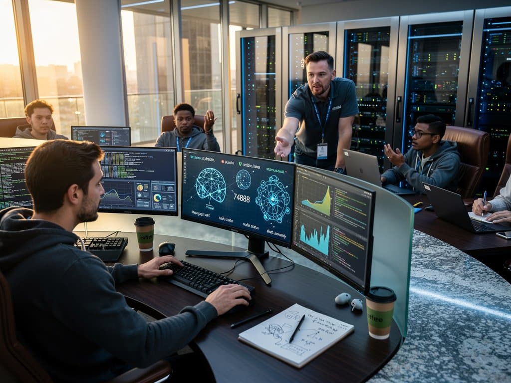 Tech engineers in modern lab analyzing AI neural networks and proof-of-work blockchain charts on monitors with crypto prices and server racks in background
