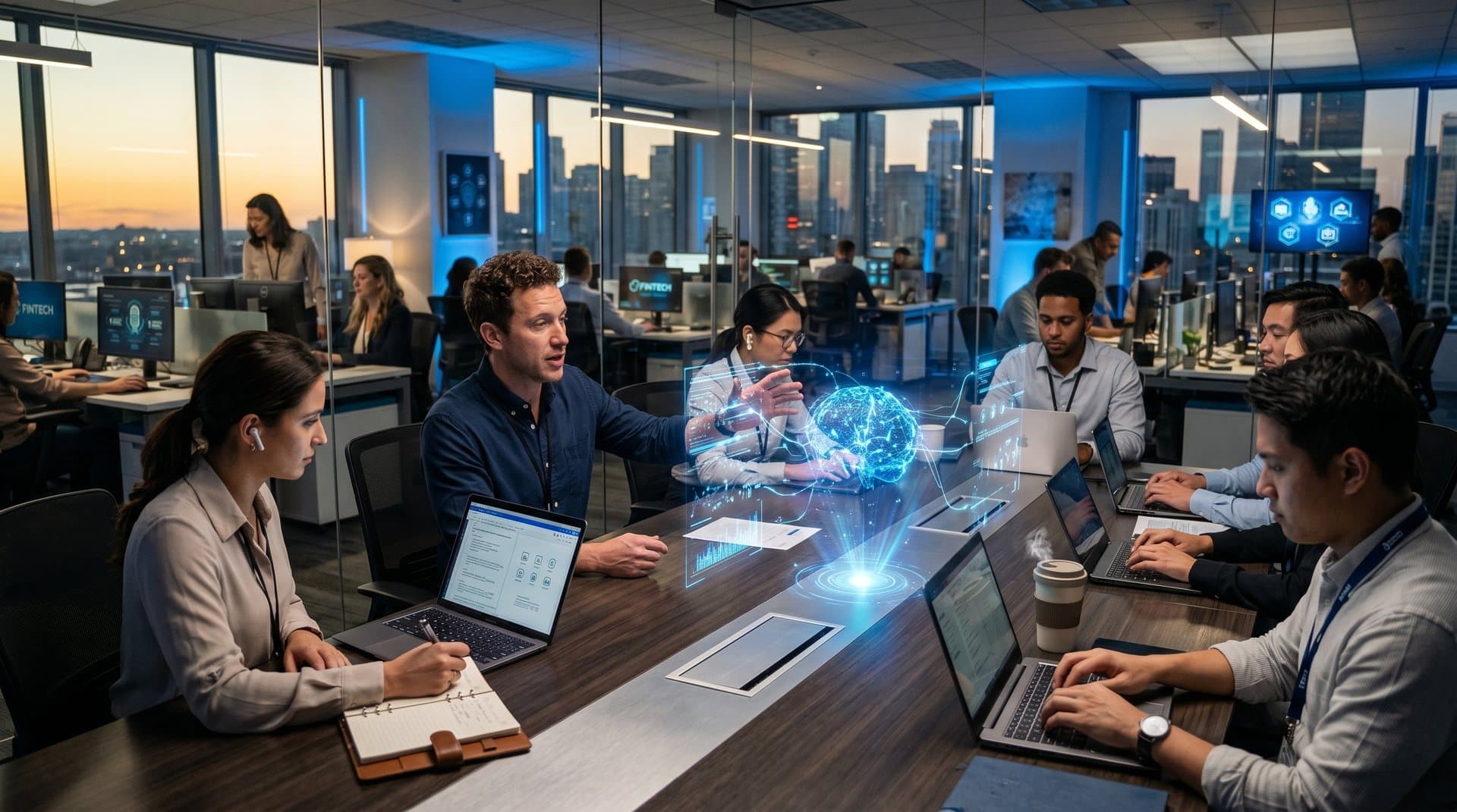Holographic AI neural networks and enterprise dashboards in modern office with global skyline, Fear & Greed charts, and fintech innovation visuals