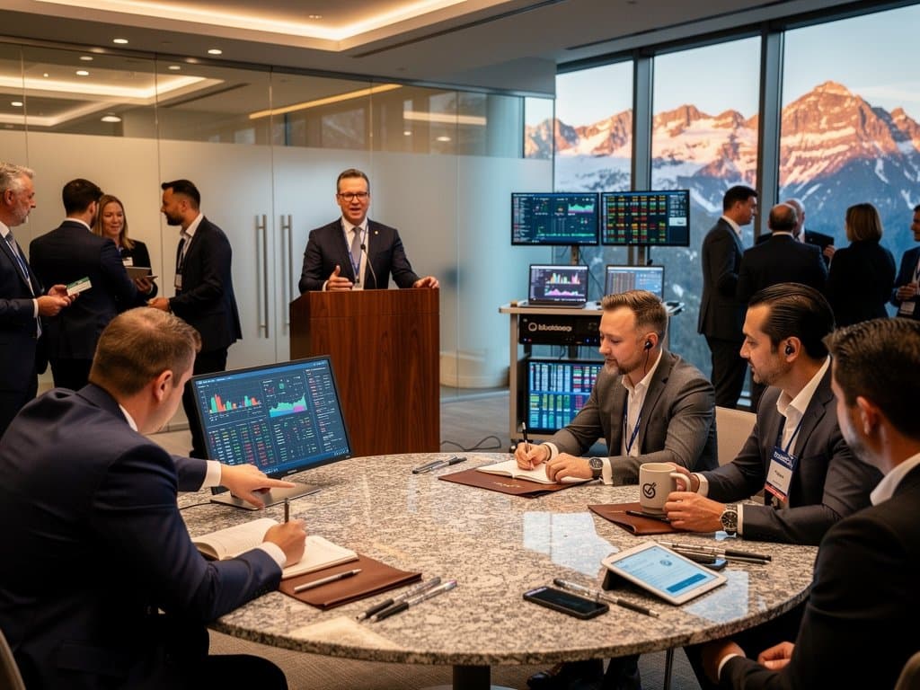 Moderator at podium leads AI roundtable panel with charts on monitors, Quiver Quantitative branding, networking in modern conference room with Alpine backdrop