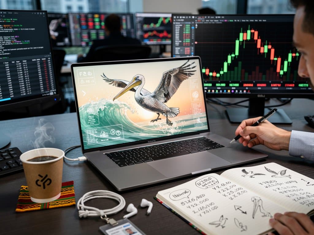 MacBook Air screen with detailed AI pelican sketch, code snippet, BTC ticker, on minimalist desk evoking tech-finance workspace