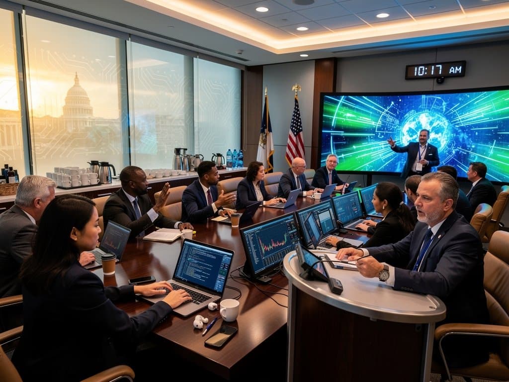 Diverse panel at AI policy roundtable in congressional room with OLED screens, Bloomberg terminals, and polished decor