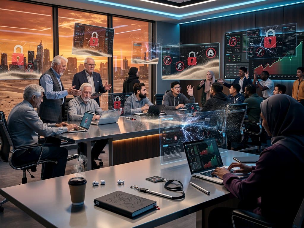 Abstract blockchain scam visualization over Arizona desert with crypto charts and diverse investor silhouettes