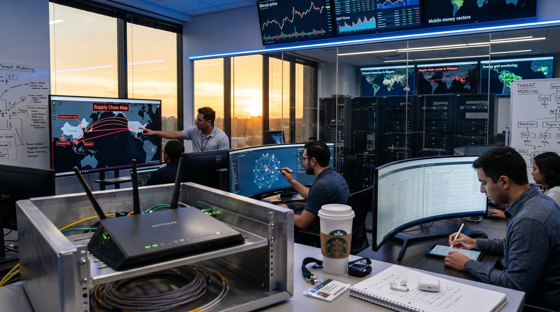 Cybersecurity team monitors router networks on screens with global supply chain maps and fintech overlays