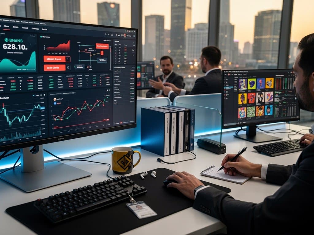 Compliance screens at Binance center show scam alerts on charts and dashboards amid modern tech setup