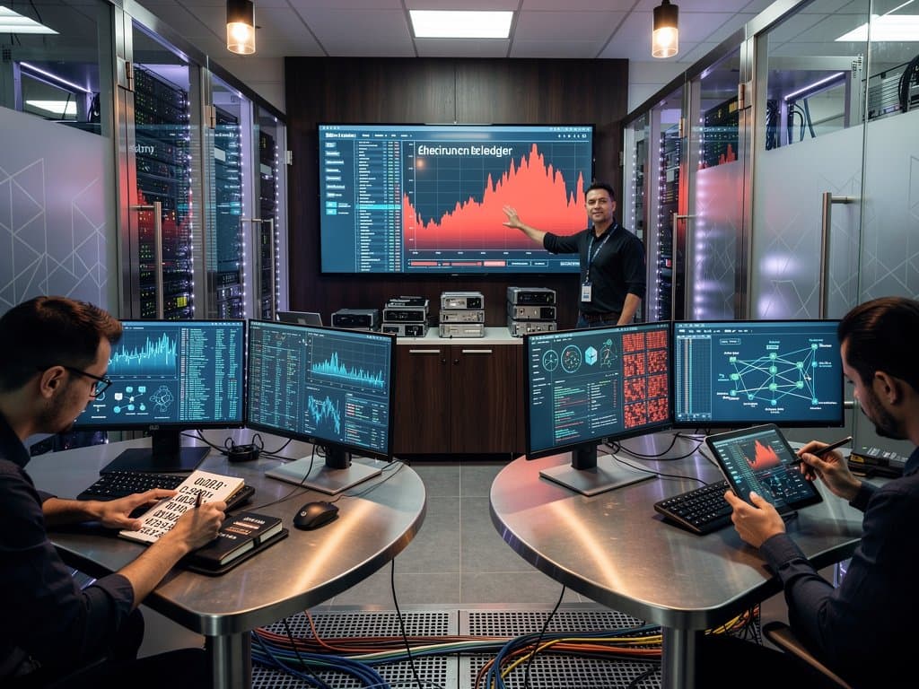 High-tech blockchain forensics lab with monitors showing transaction graphs amid server racks
