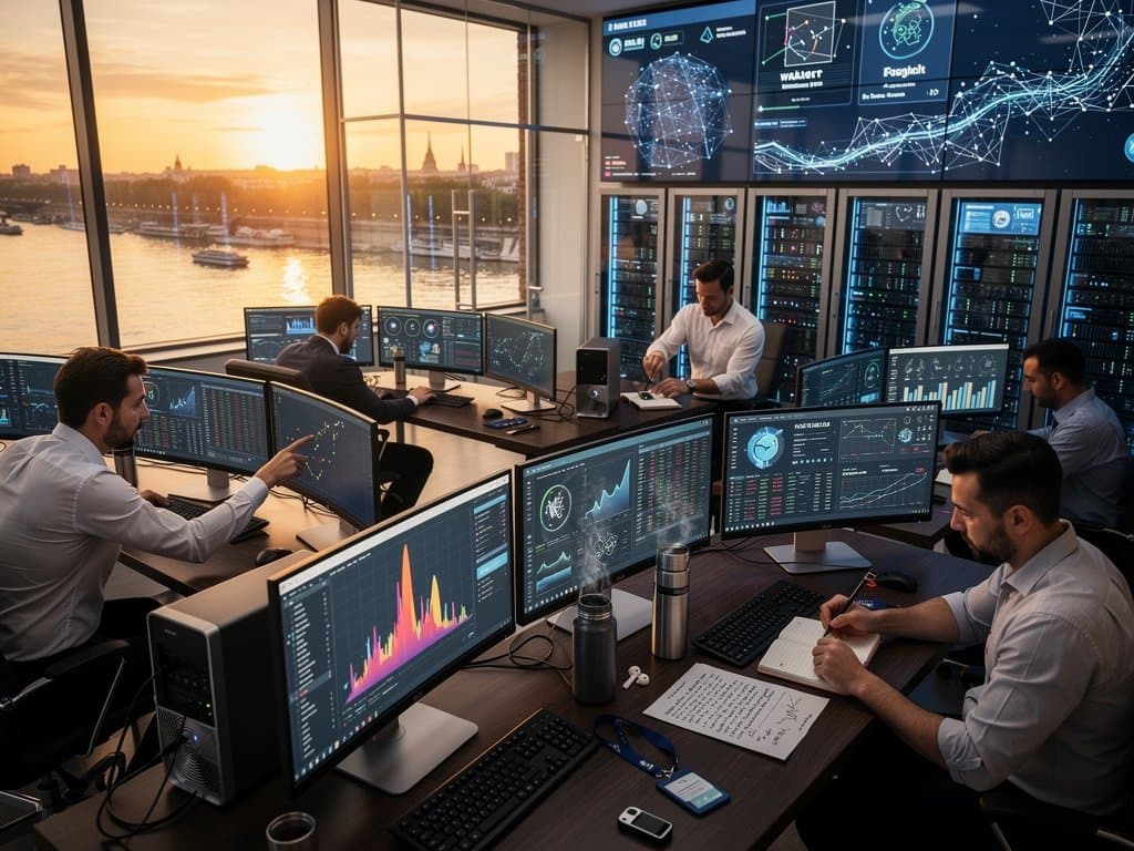 Paris cybersecurity center monitors blockchain threats with multi-screen dashboards, server racks, and crypto analytics amid Seine backdrop