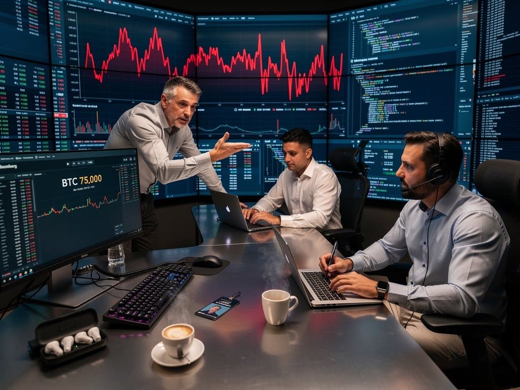 Analysts monitor blockchain threats on video wall in Paris cybersecurity center with Bloomberg terminals and server racks