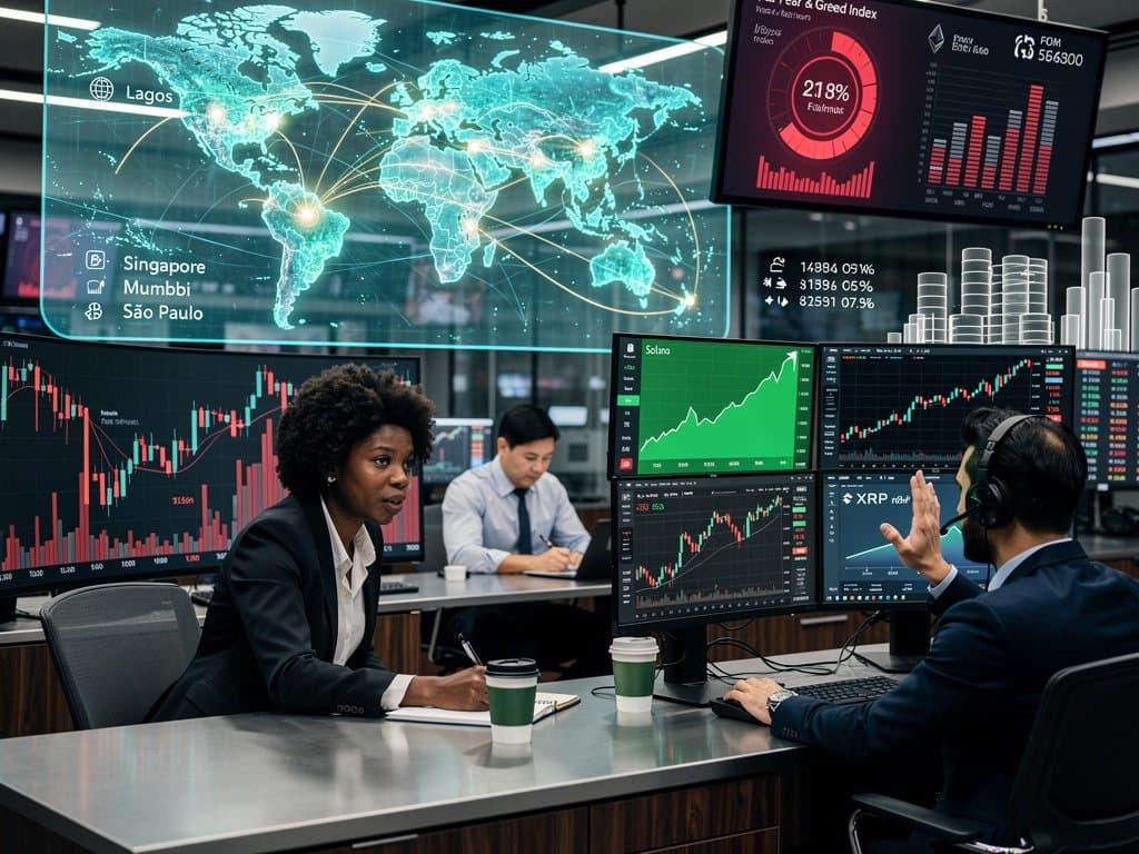 Global trading screens show short squeeze risks cryptocurrency with Fear & Greed at 21, BTC $75,583, SOL up 3.5%