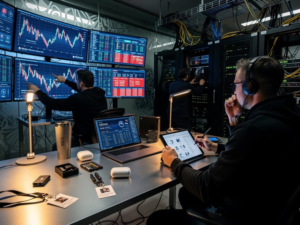 Cybersecurity analysts monitor blockchain threats on multi-screen setups in Société Générale's high-tech operations center with LED lights and server racks