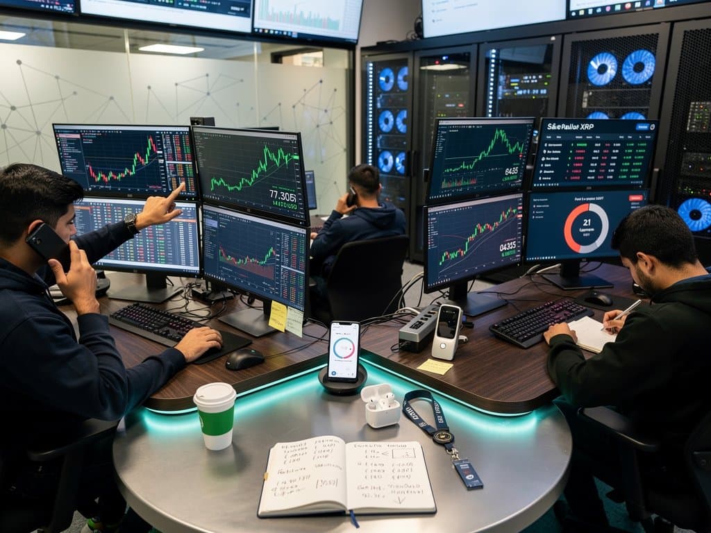 Crypto trading screens show BTC rally and Fear Index amid NYT exposé printouts on modern desk with skyline view