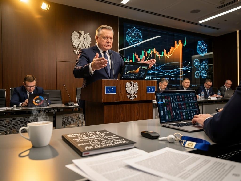 Warsaw briefing room with Bitcoin charts at $77K, MiCA slides, Polish and EU flags amid crypto regulation talks