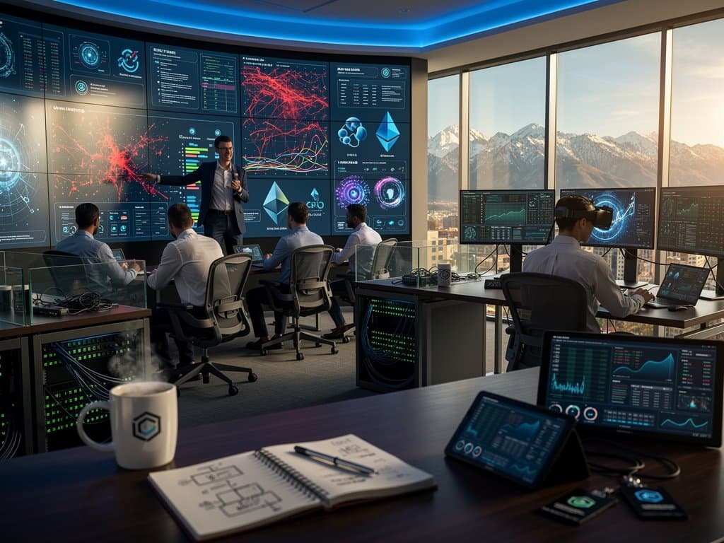 Cybersecurity team analyzes blockchain data on multi-monitors in Utah AG's modern operations center with mountain views