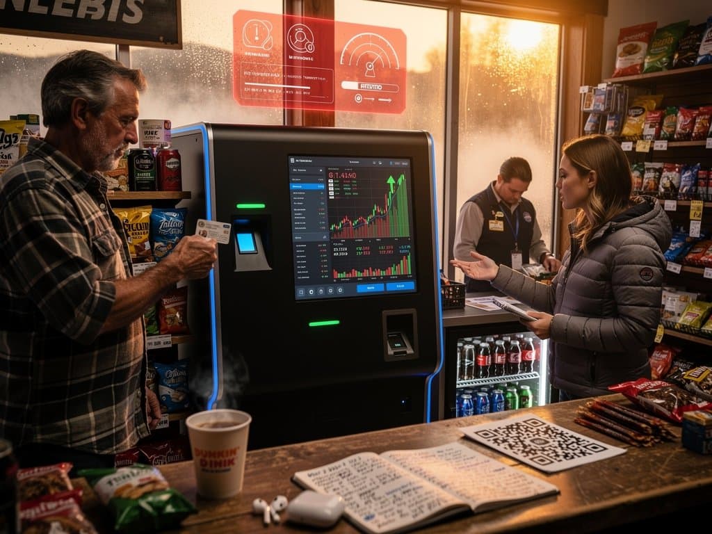 Secure NH crypto kiosk in convenience store displaying BTC at $77K, KYC scan, Fear Index 21 hologram, global regulatory overlays