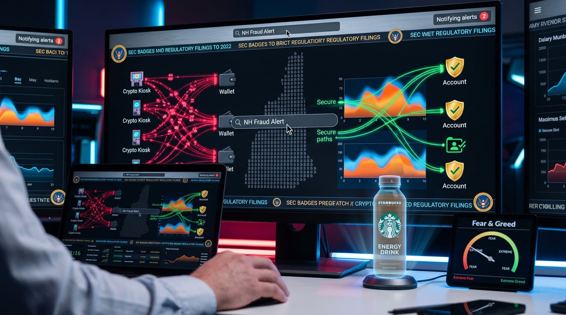 Glowing blockchain network heatmap showing fraudulent kiosk transactions with regulatory safeguards and Bitcoin symbols over New Hampshire outline