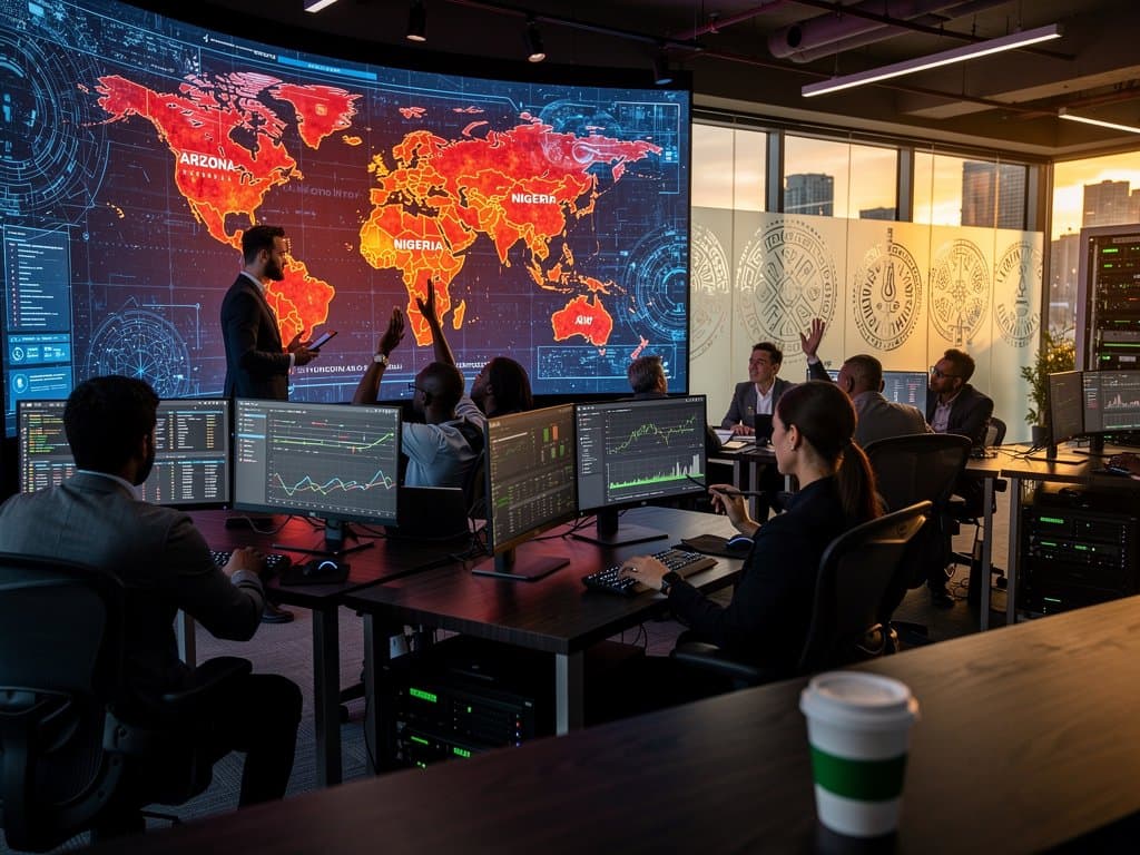 Global fintech cybersecurity hub with video wall showing cryptocurrency fraud heat maps over world regions, dashboards, hardware wallets, and urban skyline