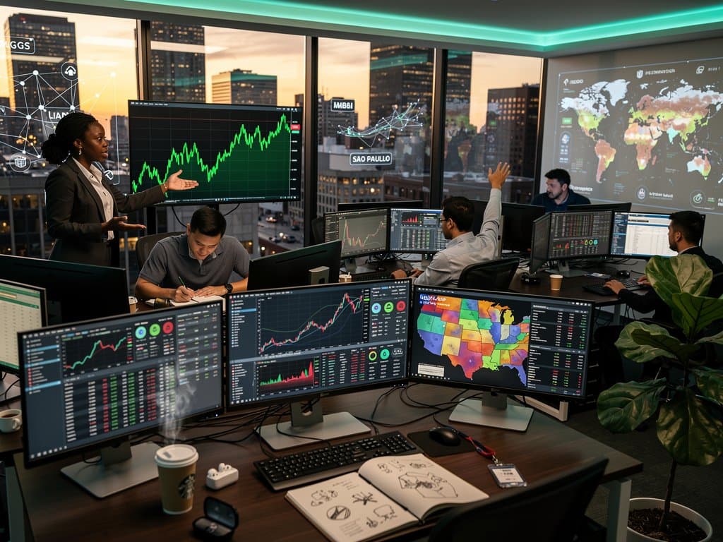Diverse fintech traders in Columbus office monitoring BTC at $77k, ETH charts, and Ohio race news on multi-screens