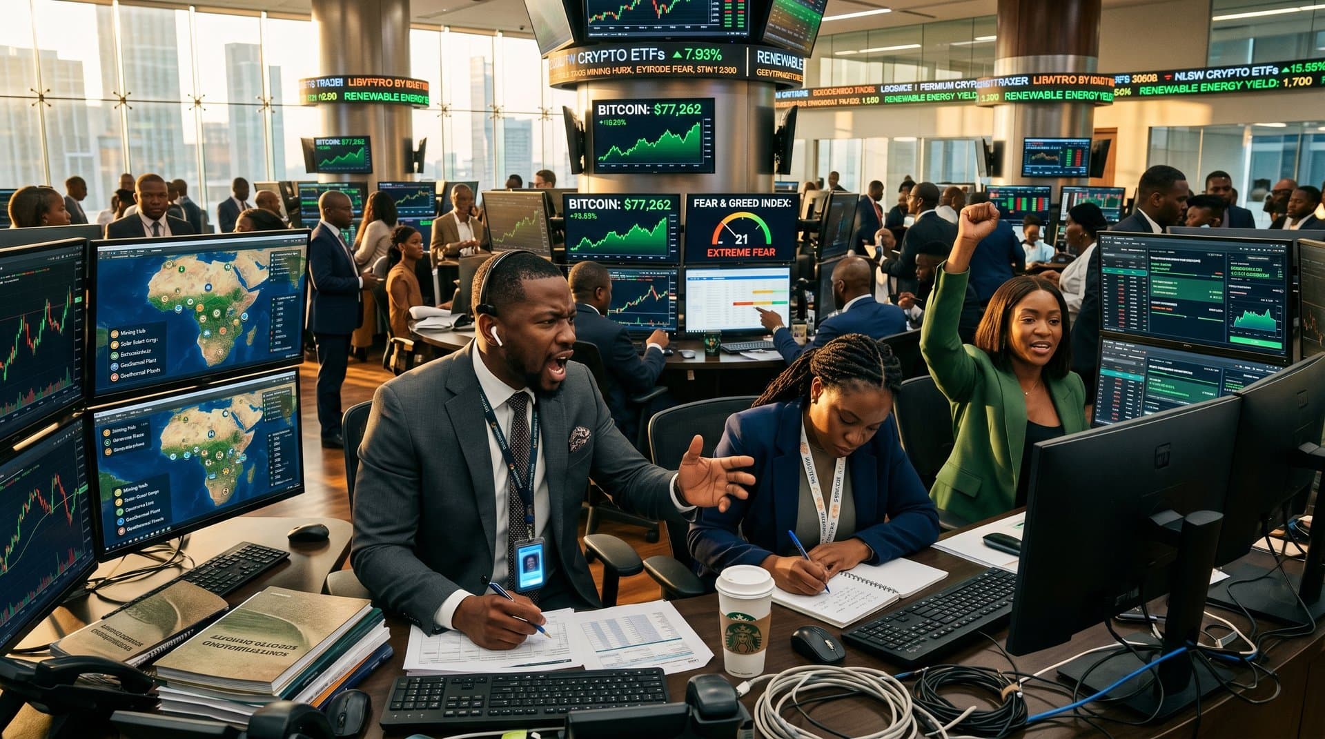Global trading floor screens showing Bitcoin price at $77,262, world map of African miners, sustainability charts, and financial inclusion visuals