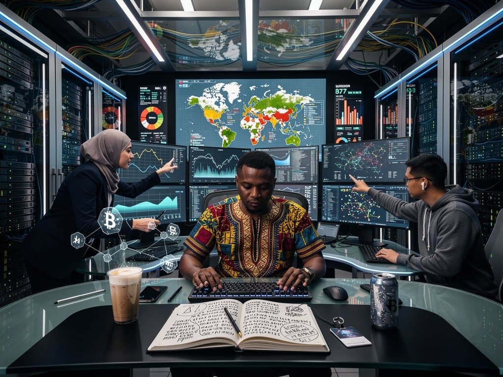 Engineers in data center monitor blockchain alerts for pig butchering scams amid crypto market surge