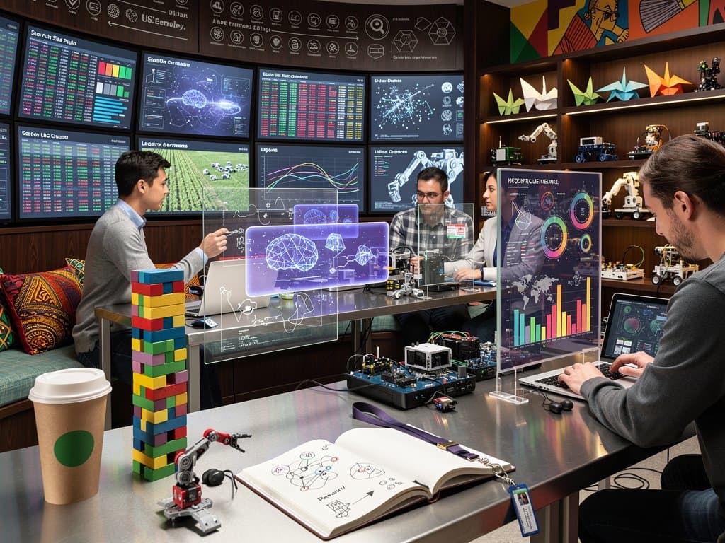 UC Berkeley AI lab with child blocks, neural networks, global fintech charts, and cognition diagrams