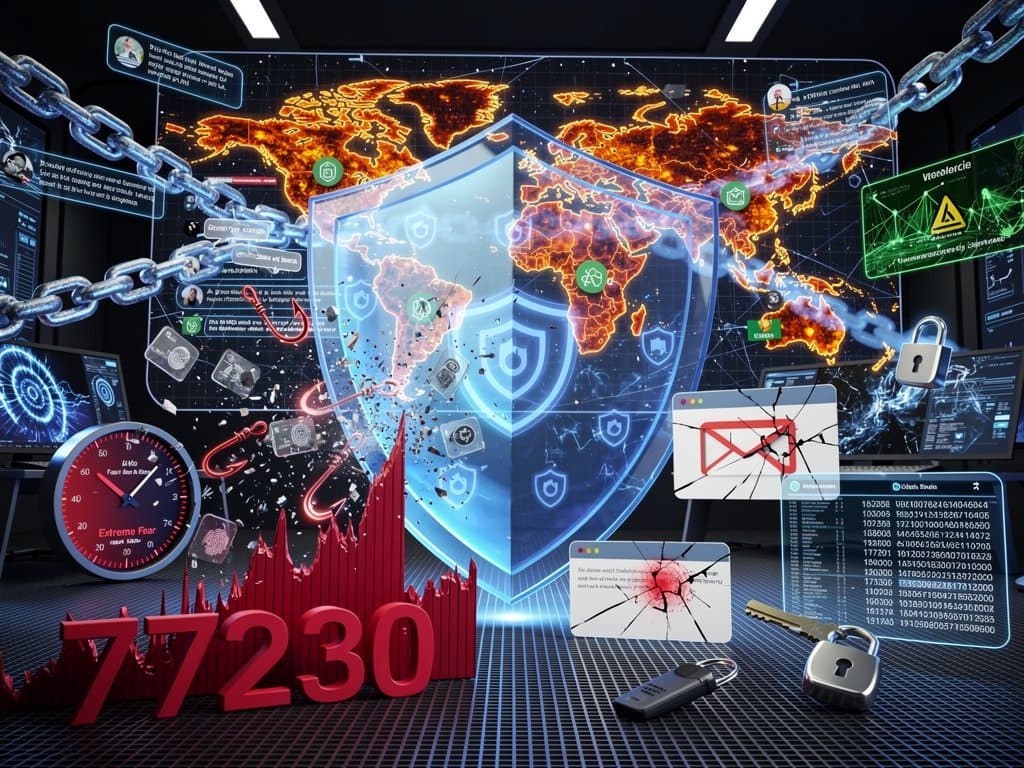 Abstract digital shields block scam icons from Meta logos against global map and crypto fear index chart