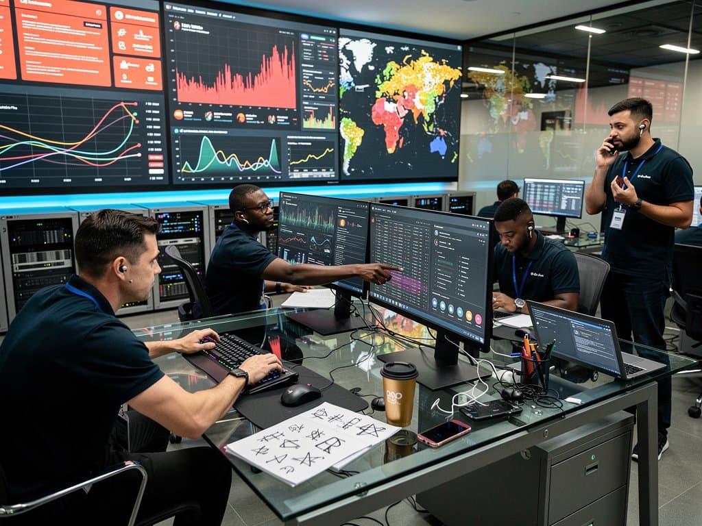 Cybersecurity command center monitors Meta platform scams with crypto charts and global threat maps