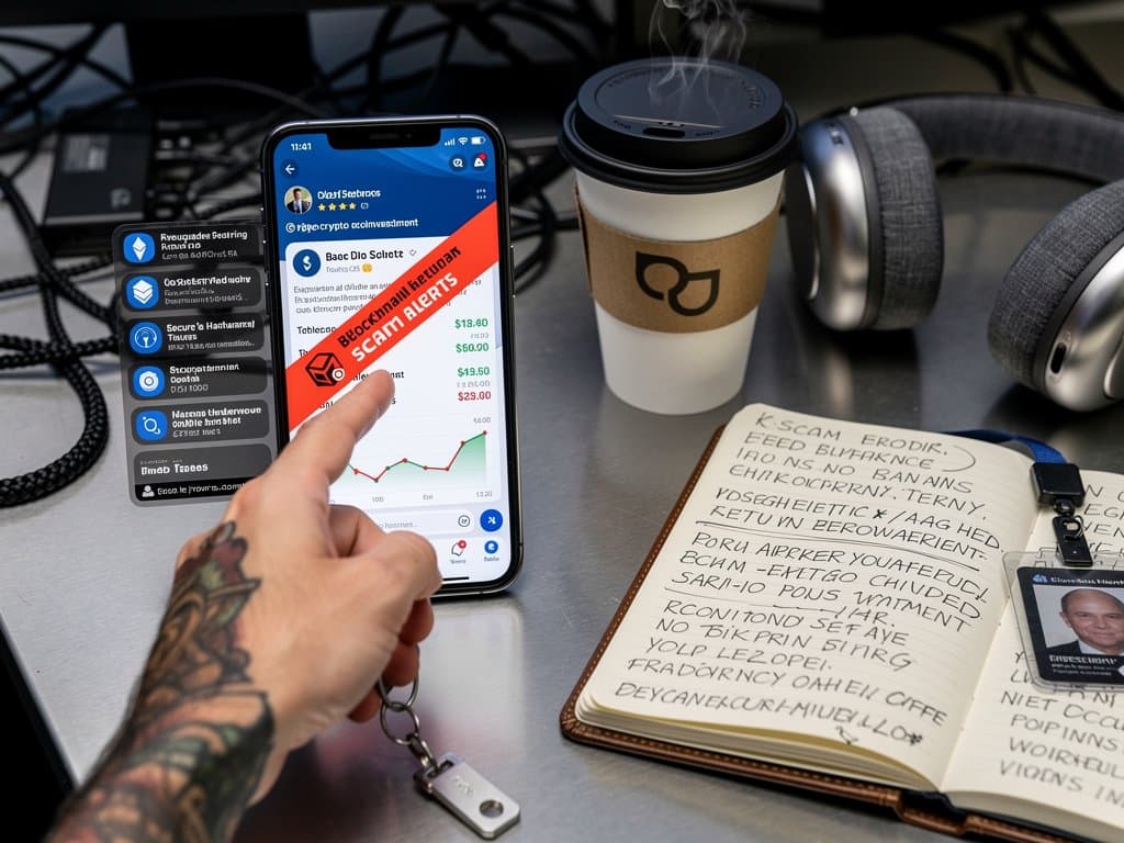 Smartphone showing Meta investment scam ad on Instagram with blockchain security warning, global map, and Fear & Greed Index