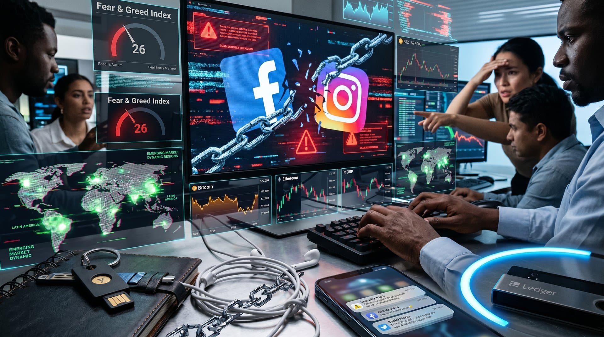 Abstract crypto scam visualization with Meta icons, Bitcoin charts, and global warning signs in dark cybersecurity style