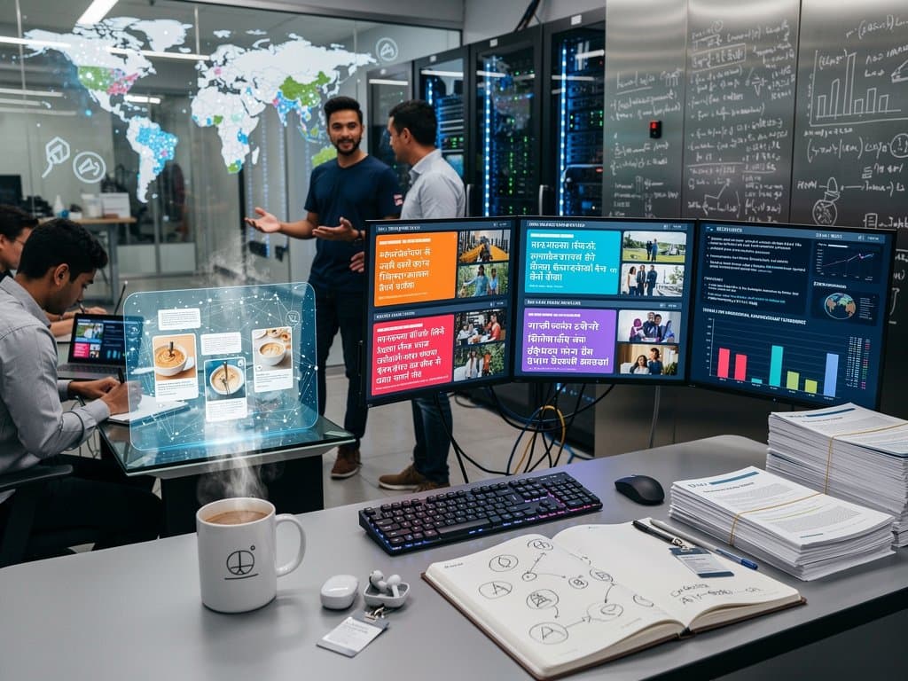 Meta AI lab with global screens showing multilingual post generation, world map of adoption, and neural network visuals