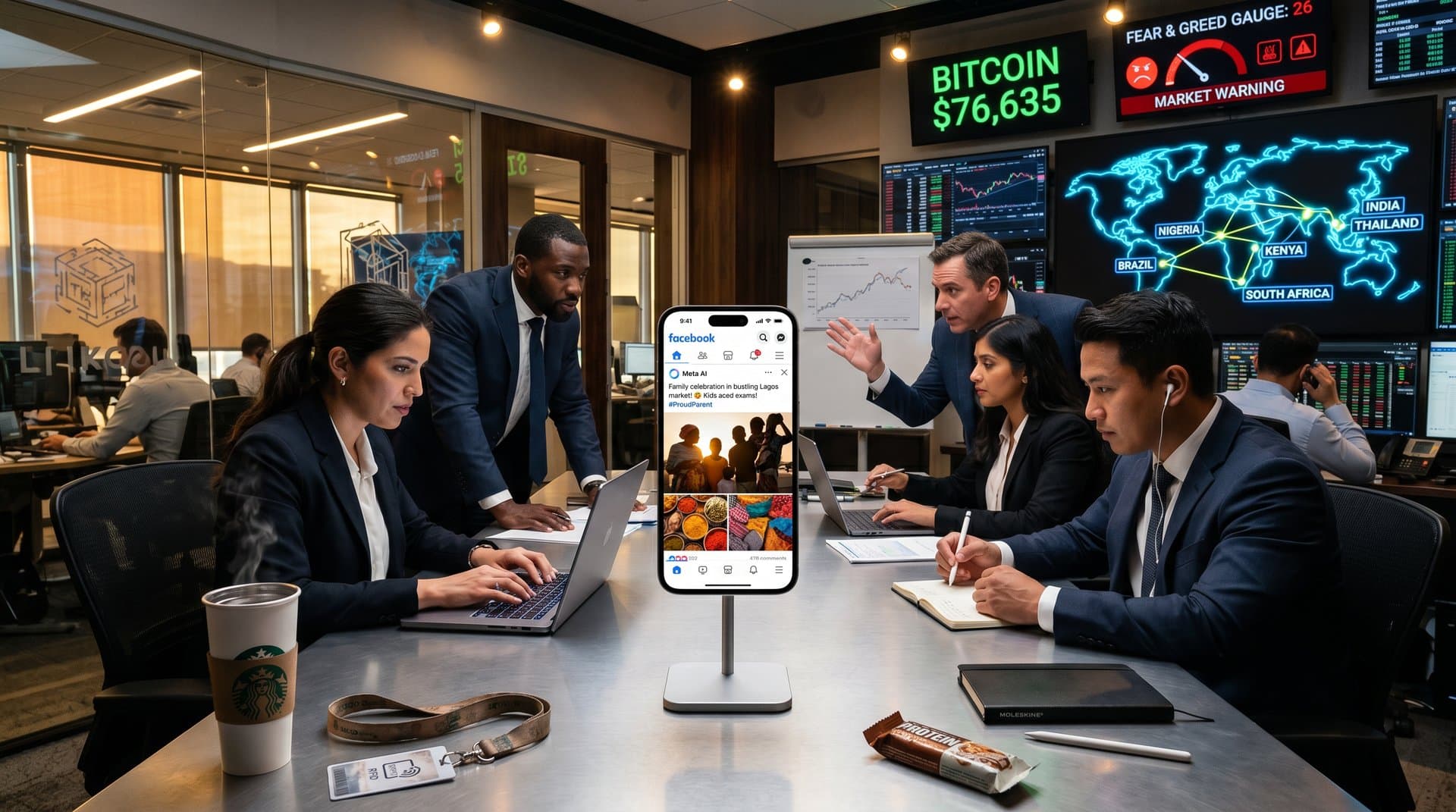 Smartphone screen with Meta AI generating Facebook post, diverse hands typing, crypto Fear & Greed 26 gauge, global emerging markets theme