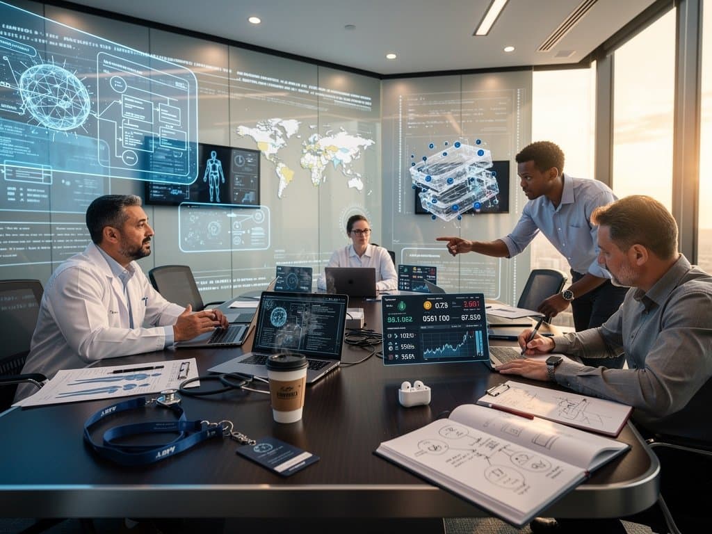 High-tech lab screens show AI differential diagnosis charts, global data maps, and health tech stock tickers