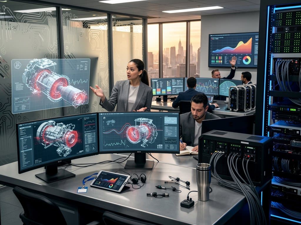 AI dashboards display predictive maintenance alerts in naval lab amid server racks and holographic models