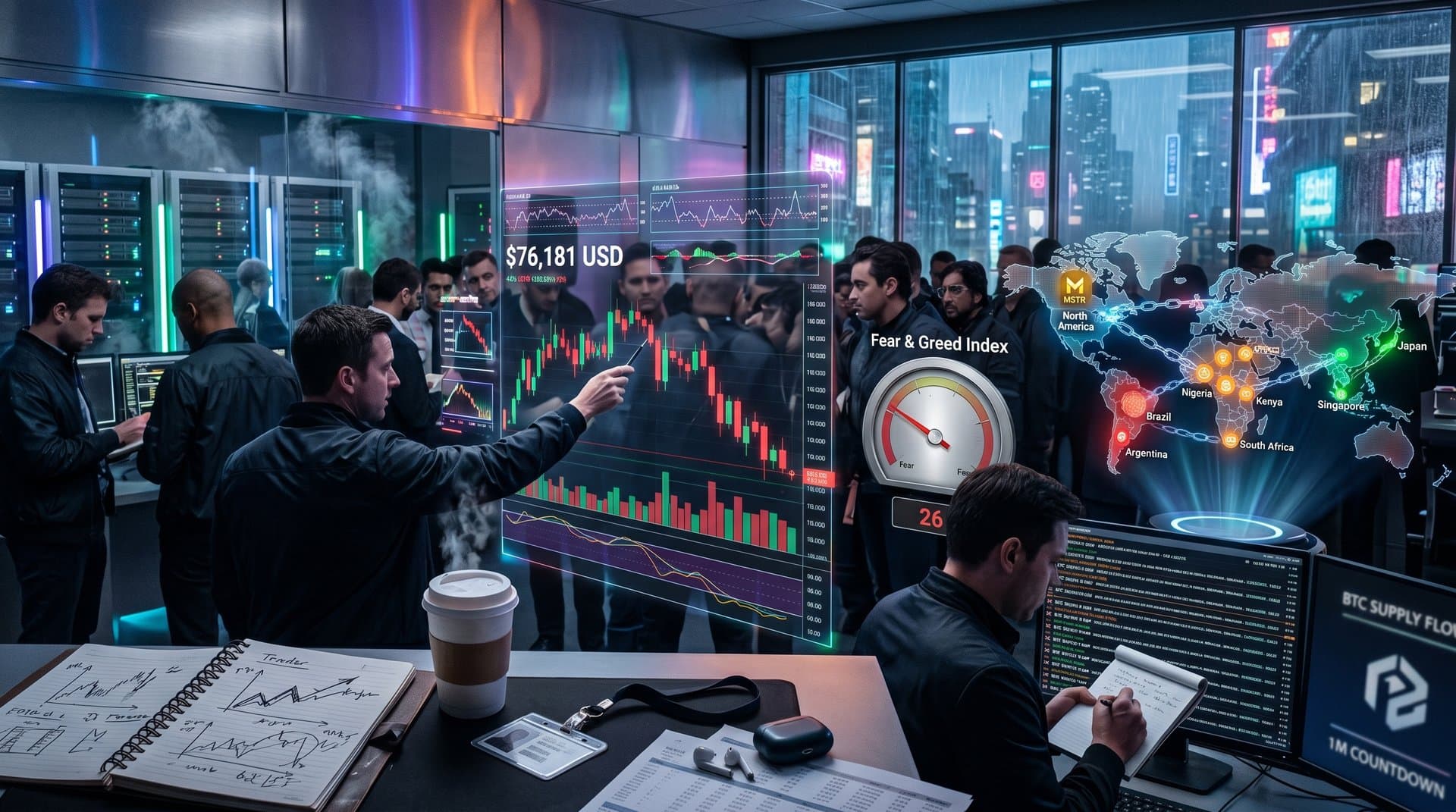 Cyberpunk holographic dashboard displaying MicroStrategy 1M BTC progress, Bitcoin at $76,181, Fear & Greed at 26, with global fintech maps and blockchain connections