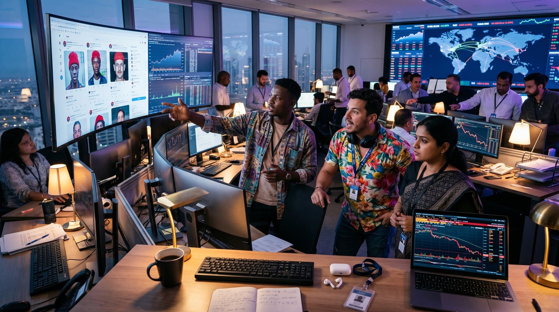 Cyberpunk collage of social media feeds with blurred AI deepfake pro-Trump avatars, global reactions, and crypto volatility charts