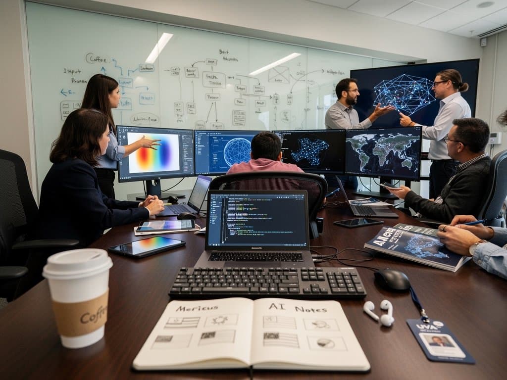 Diverse researchers collaborate at modern AI lab table with monitors, keyboards, glass partitions, and high-tech server racks in background