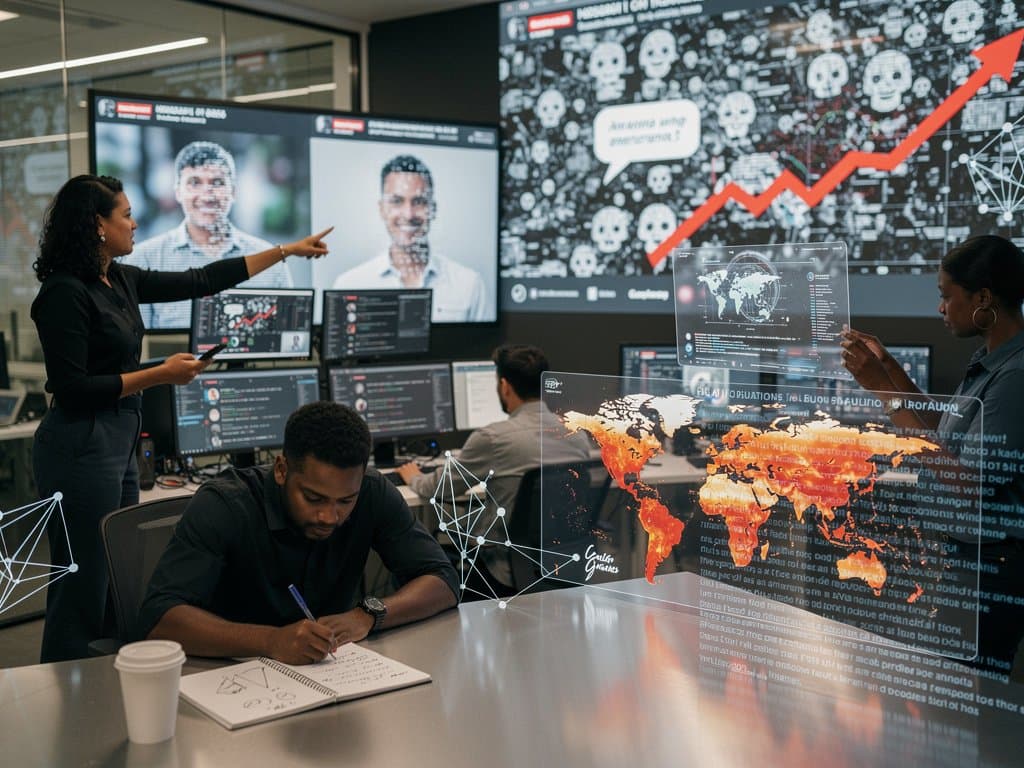 Global team combats deepfake fake pro-Trump avatars in high-tech center with crypto charts and social media feeds