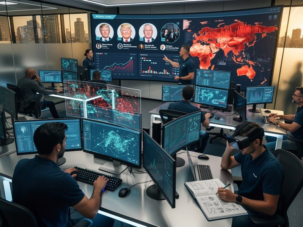 Global cybersecurity team monitors AI deepfake alerts on screens showing fake avatars, crypto charts, and threat maps across continents in high-tech center