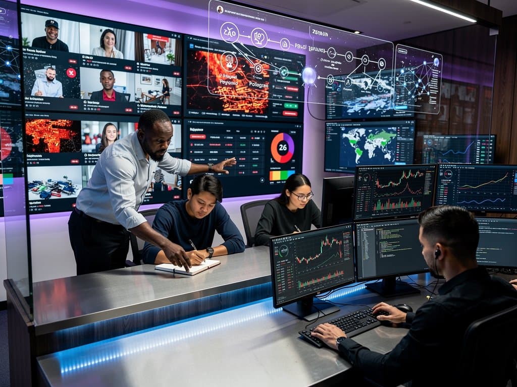 Cybersecurity team battles AI deepfakes with blockchain verification in futuristic ops center