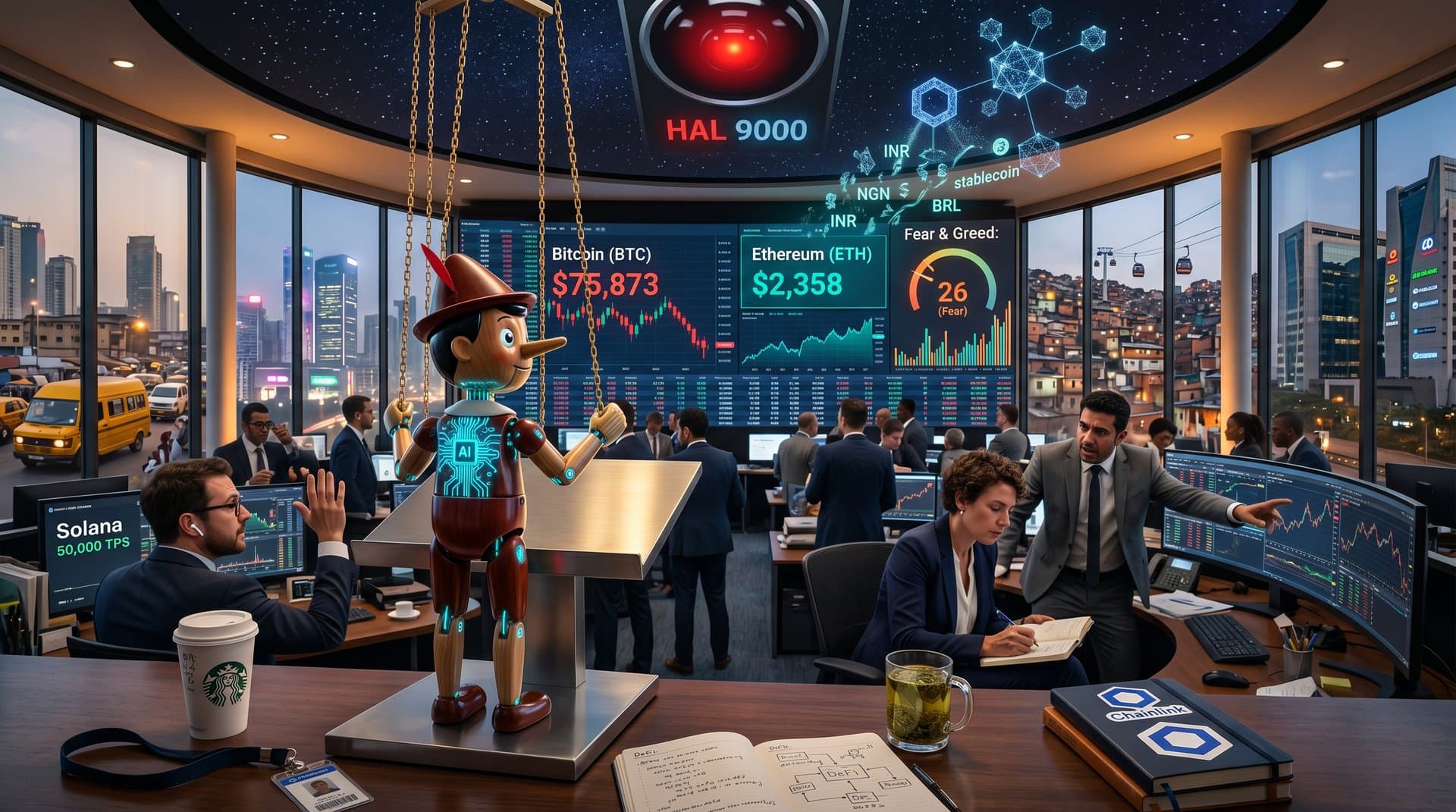 Pinocchio puppet fused with AI circuits and blockchain, Kubrick HAL eye, crypto charts at BTC $75K and Fear 26, global emerging market skylines in tense philosophical digital art