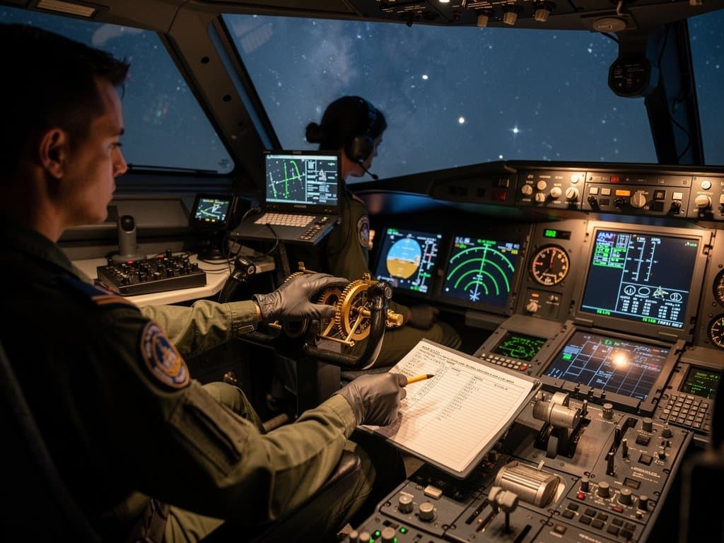 B-52 cockpit star tracker and electromechanical angle computer with Bitcoin $75,817 chart overlay under starry sky