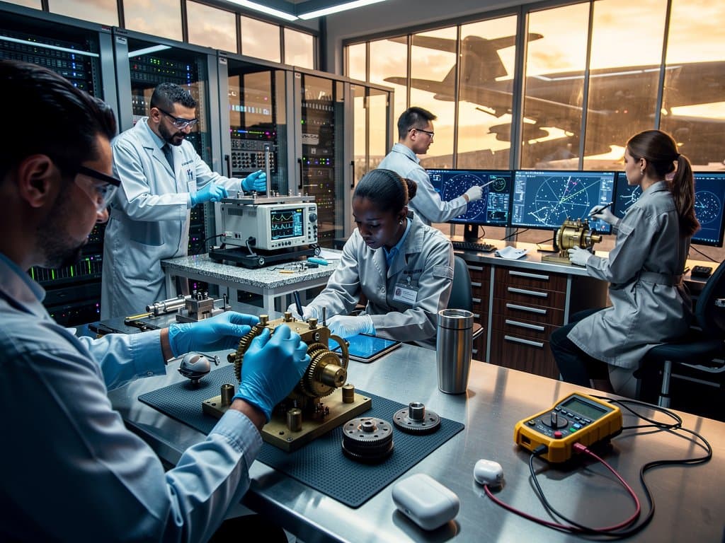 Diverse engineers restore B-52 electromechanical angle computer in Boeing lab with precision tools, monitors, and hangar backdrop
