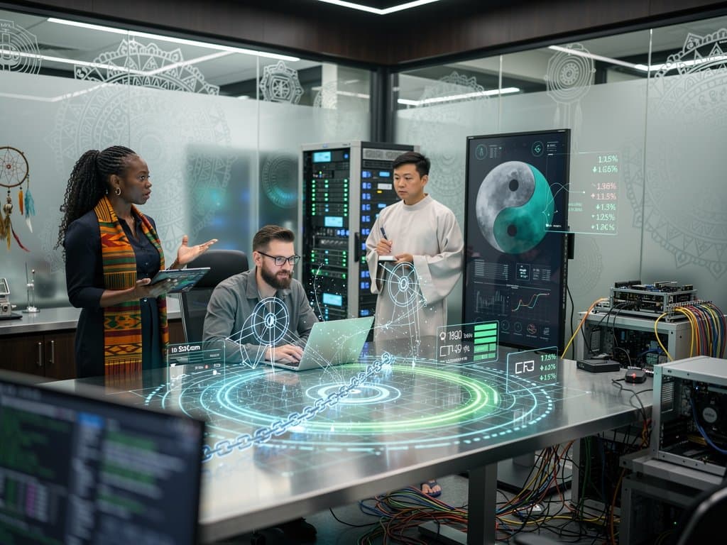 Abstract AI-blockchain lab scene with glowing screens, server racks, crypto charts, and ethics diagrams in modern workspace