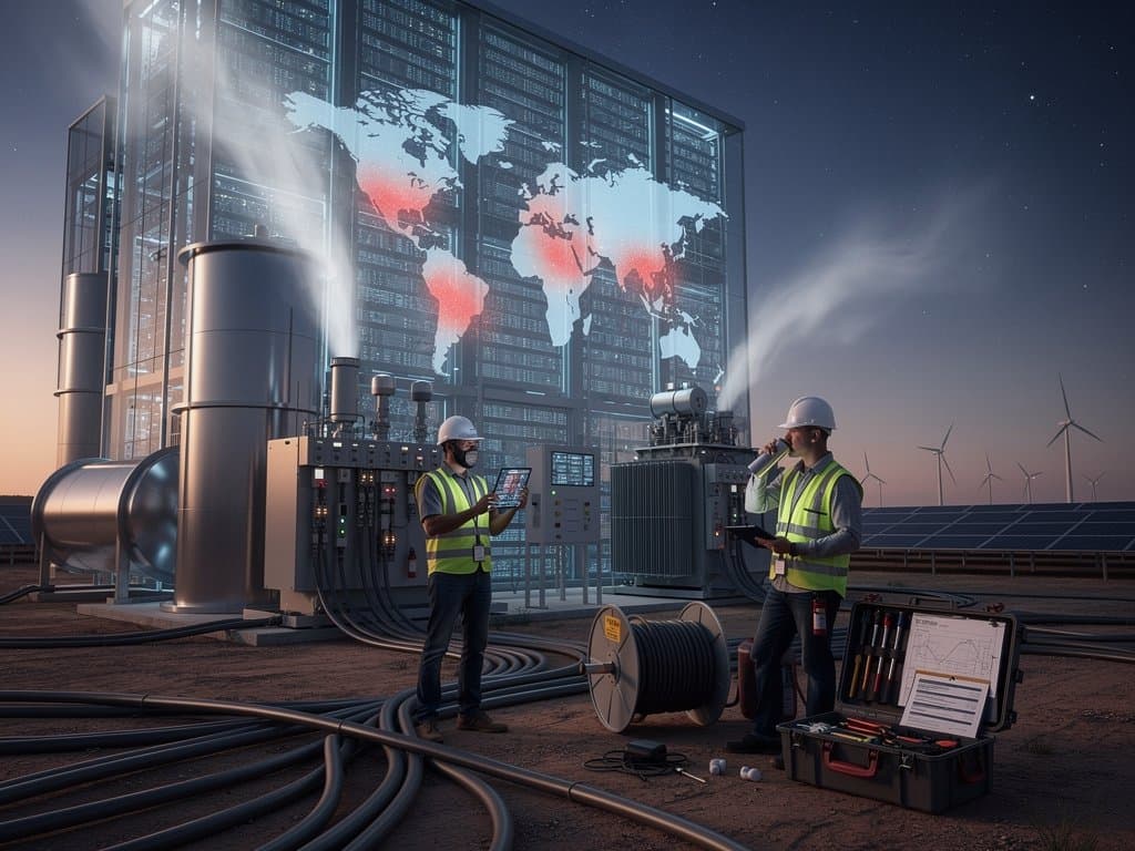 Glowing data center with cooling towers and global energy map overlay under dramatic night sky
