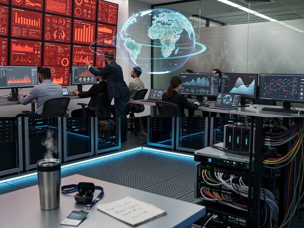 Engineers monitor AI ATM exploit alerts on screens in global bank cybersecurity center with server racks and world threat maps